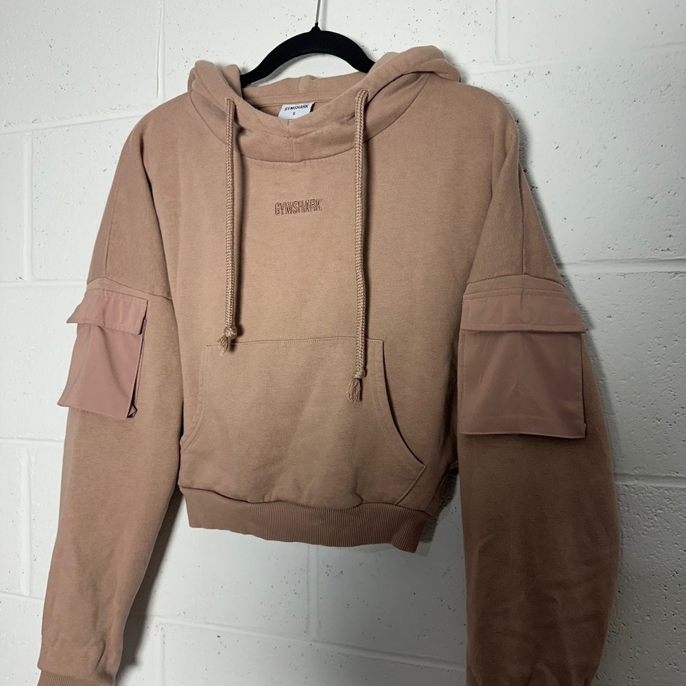 Gymshark Womens Tan Brown Cropped Cargo Hoodie Sweatshirt Small Logo Utility